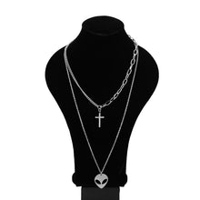 Load image into Gallery viewer, Stainless Steel Alien Cross Pendant Double Chain Long Necklaces For Women DJ Hip hop Street Necklace Men Jewelry Never Fade