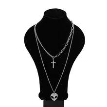 Load image into Gallery viewer, Stainless Steel Alien Cross Pendant Double Chain Long Necklaces For Women DJ Hip hop Street Necklace Men Jewelry Never Fade
