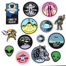 Load image into Gallery viewer, Handmade Embroidered Alien Themed Patches.
