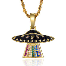 Load image into Gallery viewer, Iced Out Micro Paved Alien UFO With Solid Back &amp; Multicoloured Cubic Zirconia Pendant Necklace
