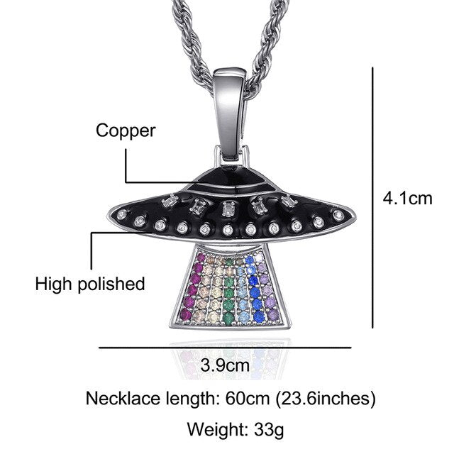Iced Out Micro Paved Alien UFO With Solid Back & Multicoloured Cubic Zirconia Pendant Necklace